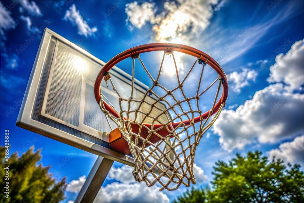 Basketball Hoop and Net Against a Bright Blue Sky with Sunlight, Outdoor Sports Concept Basketball Hoop and Net Against a Bright Blue Sky with Sunlight, Outdoor Sports Concept