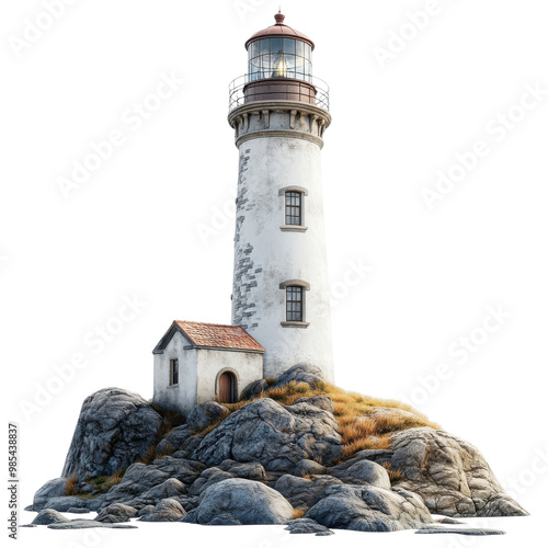 Lighthouse on rocky island, white isolated background. photo