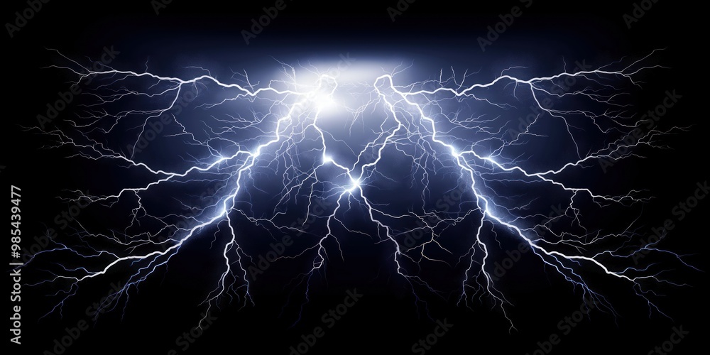 Dark background with intense blue flash of lightning. Abstract energy design. Bright light illuminates, dramatic thunderstorm. Electric power and danger.