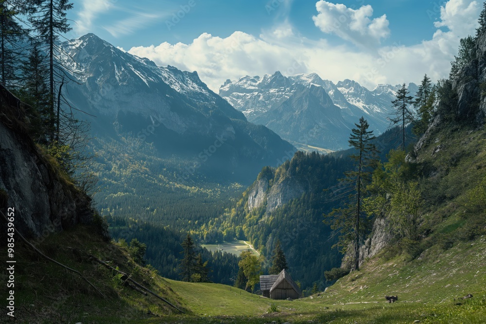 Fototapeta premium Panoramic shot of Bavarian Alps landscape with green forest, blue lake, distant mountain peaks. Summer scenery with rich green grass, trees. German countryside with rural charm. Majestic mountain