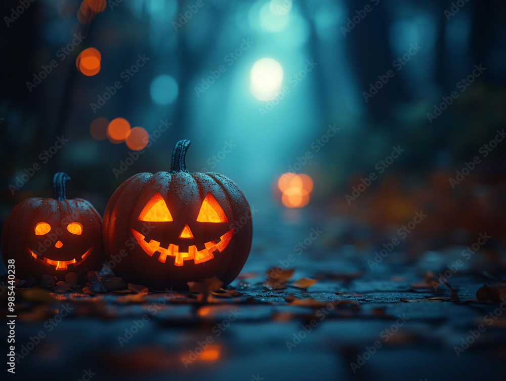 Festive and playful Halloween scene with small carved pumpkins on the left side against a dark background, enhanced by orange bokeh light orbs in the foreground. Festive and playful Halloween scene with small carved pumpkins on the left side against a dark background, enhanced by orange bokeh light orbs in the foreground.