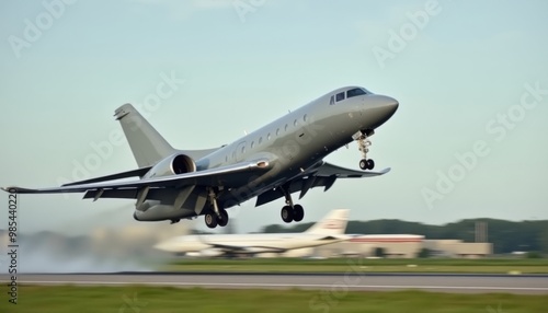 A jet plane is taking off from an airport