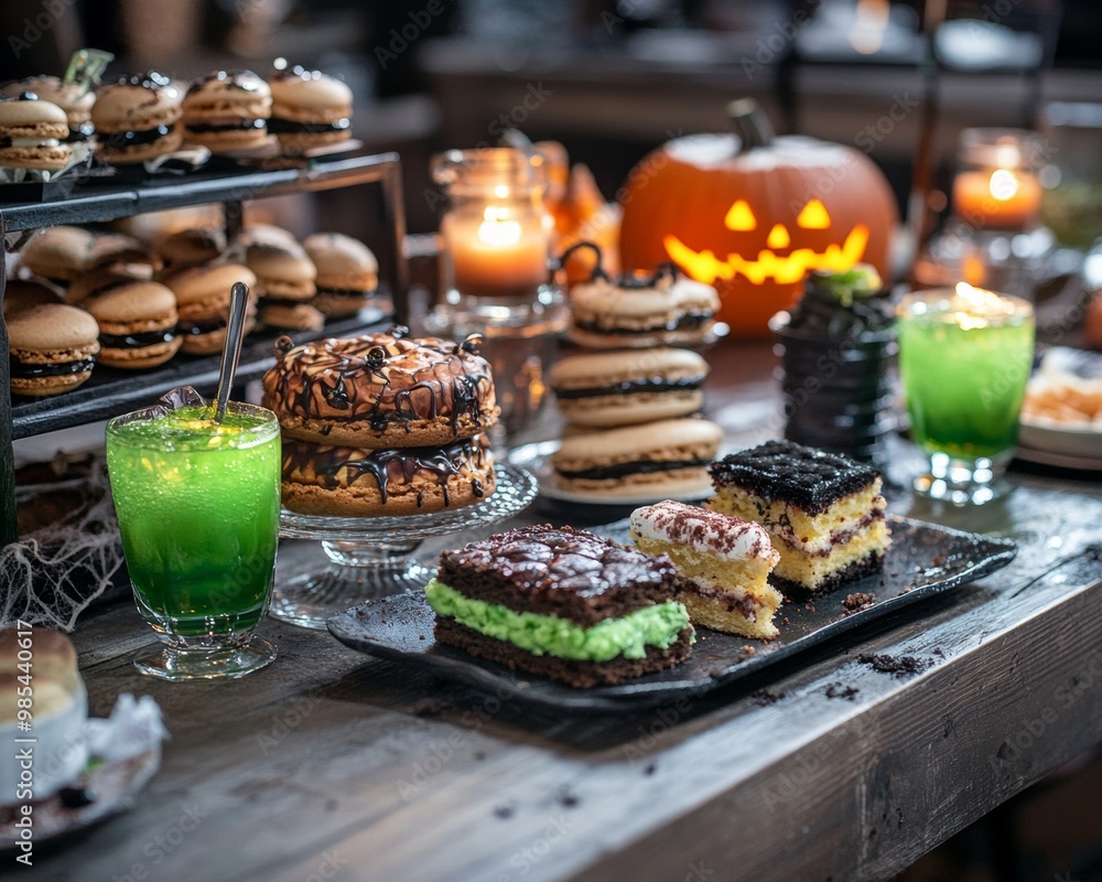 Naklejka premium Eerie dessert table filled with gory brain cakes spooky eyeball macarons