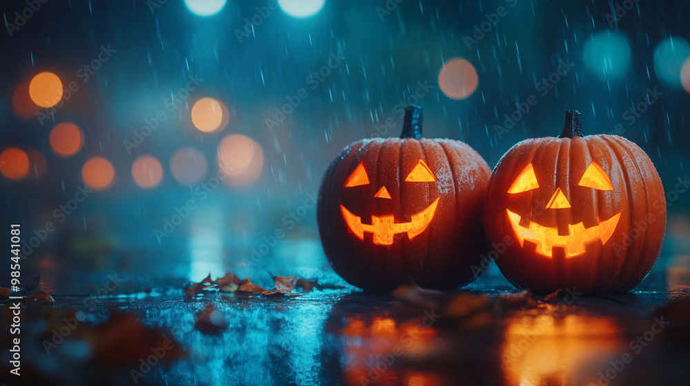 Festive and playful Halloween scene with small carved pumpkins on the left side against a dark background, enhanced by orange bokeh light orbs in the foreground. Festive and playful Halloween scene with small carved pumpkins on the left side against a dark background, enhanced by orange bokeh light orbs in the foreground.