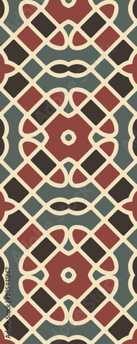 A symmetrical abstract pattern featuring earthy tones and geometric shapes.
