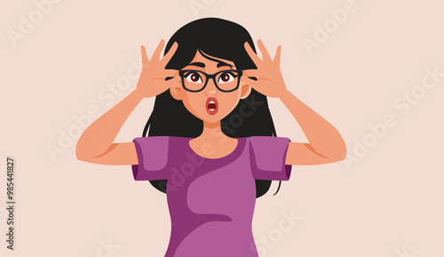 Surprised Girl Holding New Glasses Vector Cartoon Illustration. Happy cheerful lady feeling excited about some news 
