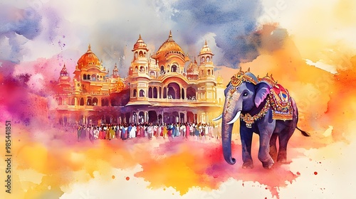 Watercolor illustration for mysore dasara with elephant and palace