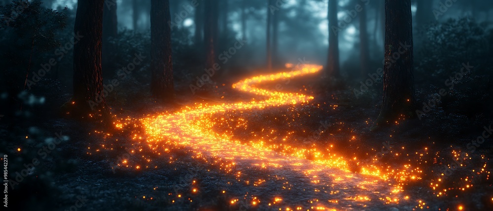 A glowing path winds through a dark, mysterious forest. A glowing path winds through a dark, mysterious forest.