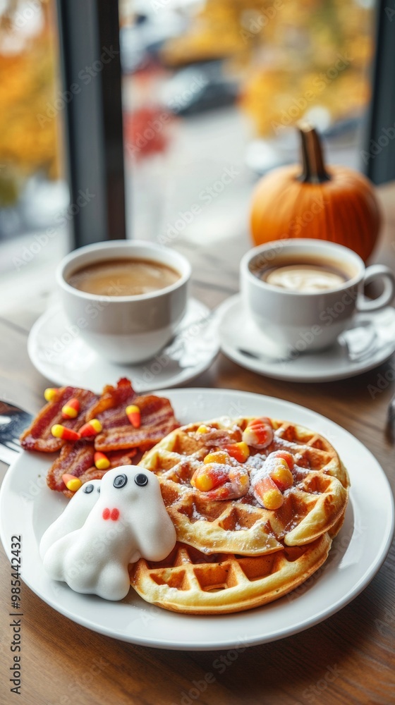 Eerie Halloween breakfast with ghost-shaped waffles candy corn bacon Eerie Halloween breakfast with ghost-shaped waffles candy corn bacon