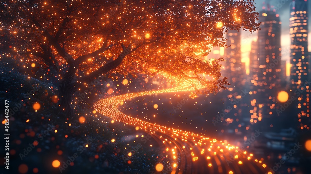 A winding path illuminated by glowing orbs leads through a forest towards a city skyline at dusk. A winding path illuminated by glowing orbs leads through a forest towards a city skyline at dusk.