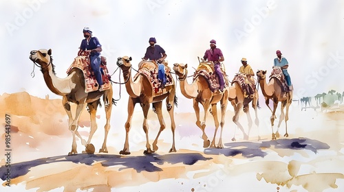 Watercolor illustration of a camel caravan with riders for jaisalmer desert celebration