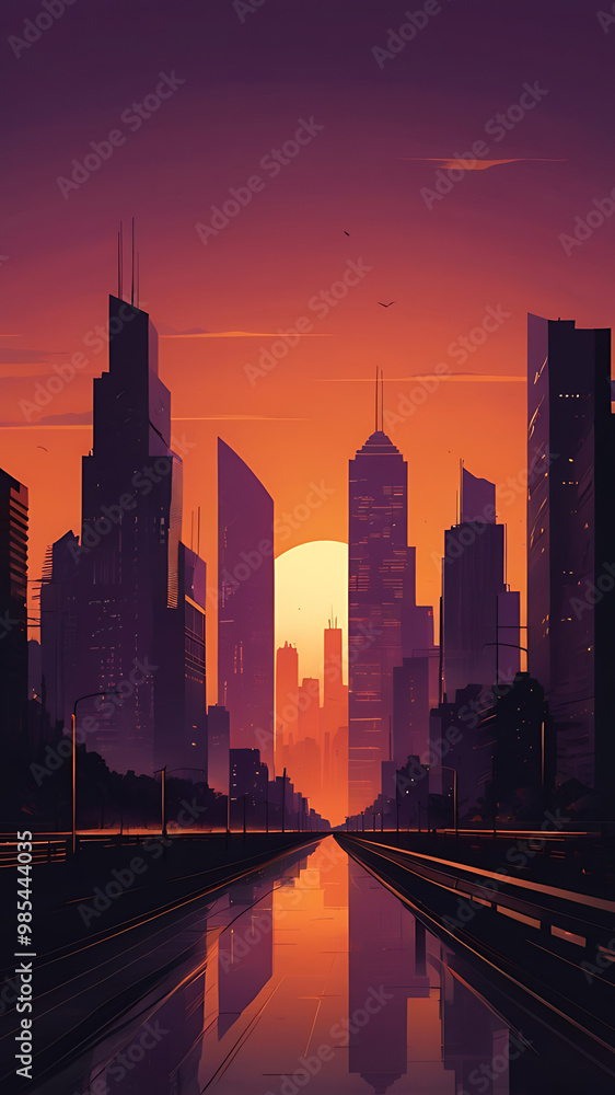 Fototapeta premium Flat illustration of a cityscape silhouette at sunset, with tall skyscrapers, a bright orange sky, and a dark purple horizon, creating a modern and sleek urban mobile wallpaper