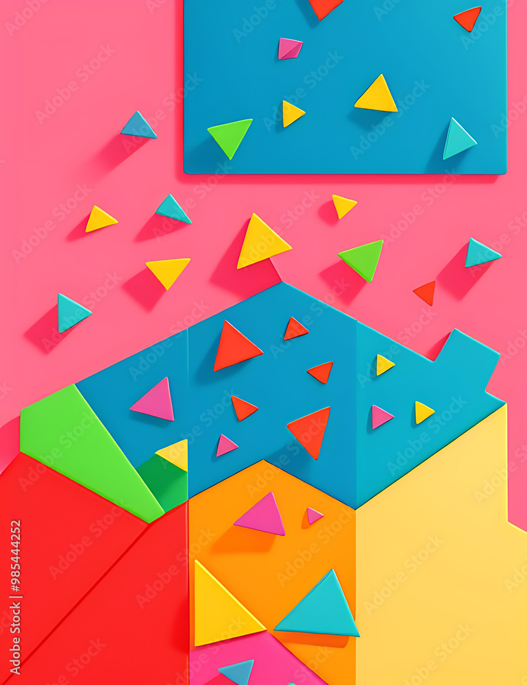 Flat design of overlapping colorful triangles and rectangles, creating a playful and geometric mobile wallpaper with bold, contrasting colors Flat design of overlapping colorful triangles and rectangles, creating a playful and geometric mobile wallpaper with bold, contrasting colors