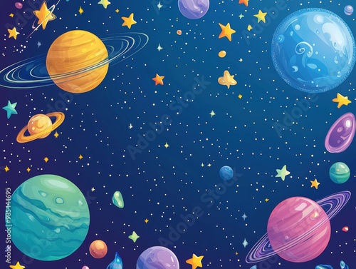 Whimsical Cosmic Vibrant Cartoon Space Scene with Planets and Stars