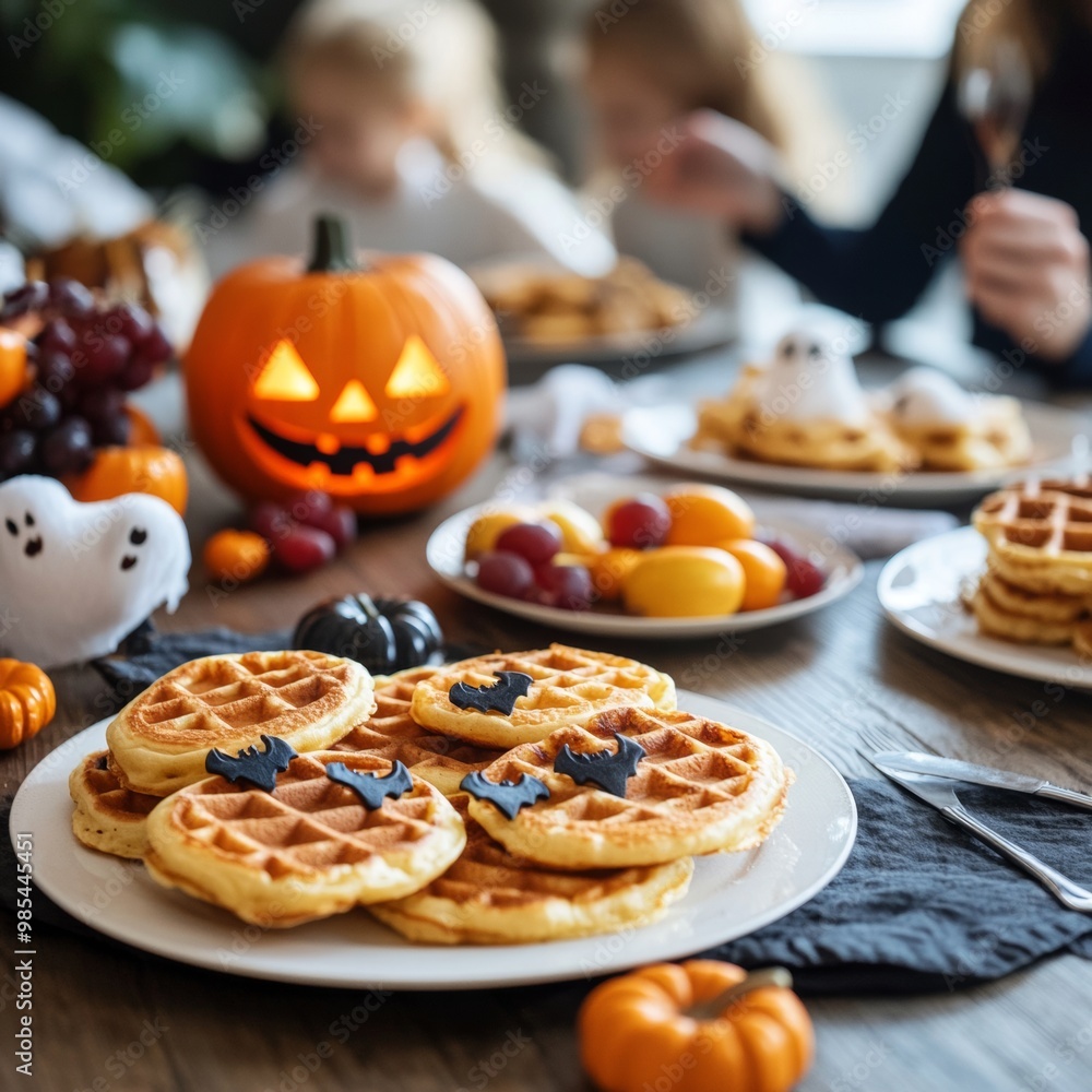 Family enjoying a Halloween breakfast with spooky jack-o-lantern pancakes ghost fruit Family enjoying a Halloween breakfast with spooky jack-o-lantern pancakes ghost fruit