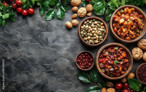 A beautiful arrangement of various nuts and dried fruits in wooden bowls, surrounded by green leaves, on a textured dark background.