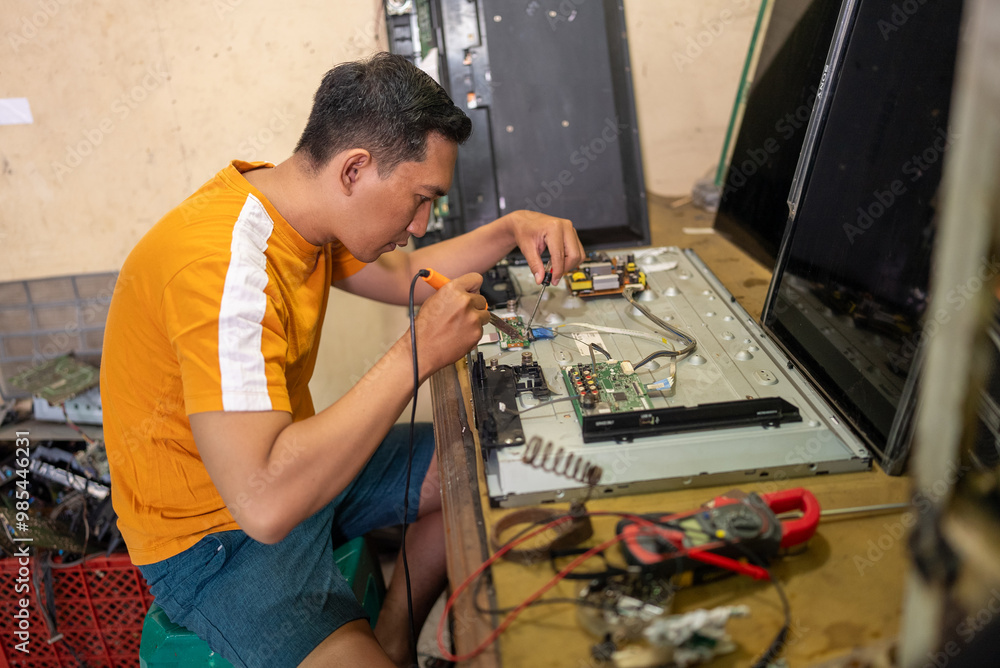 © Odua Images - Asian man using soldering iron to repair led tv at service station © Odua Images - Asian man using soldering iron to repair led tv at service station