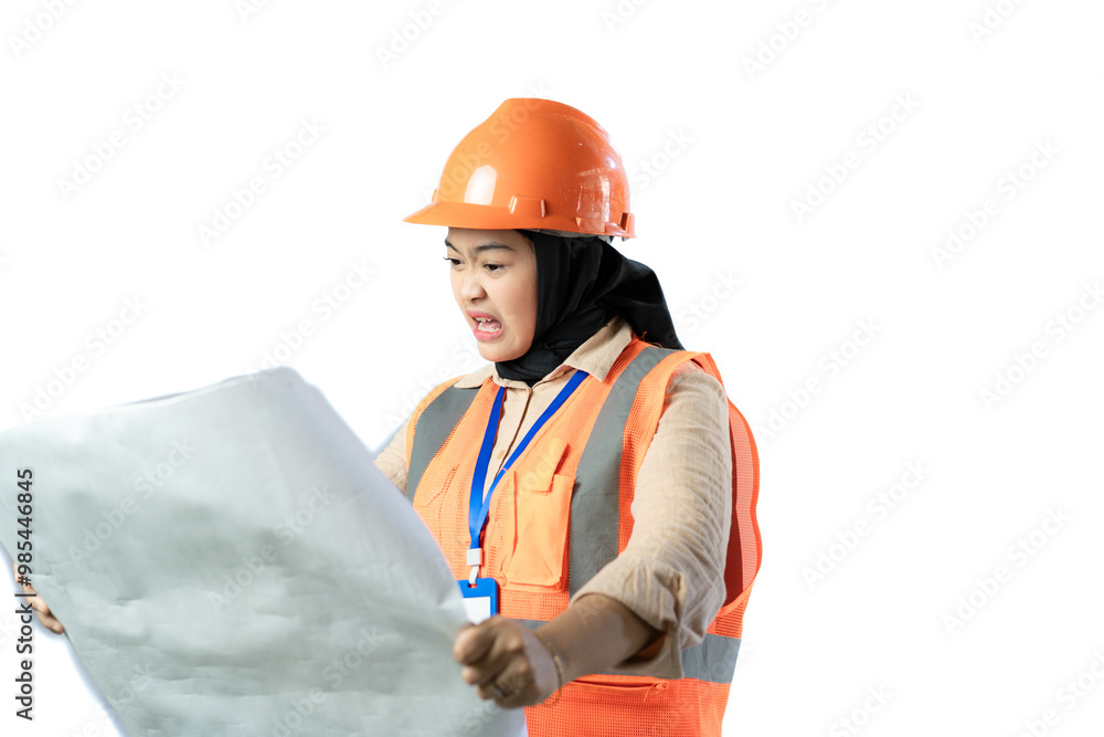 Young Asian female construction worker in hijab who looks confused when looking at the contents of a scroll of blueprints, industrial and construction concepts, isolated white background. Young Asian female construction worker in hijab who looks confused when looking at the contents of a scroll of blueprints, industrial and construction concepts, isolated white background.