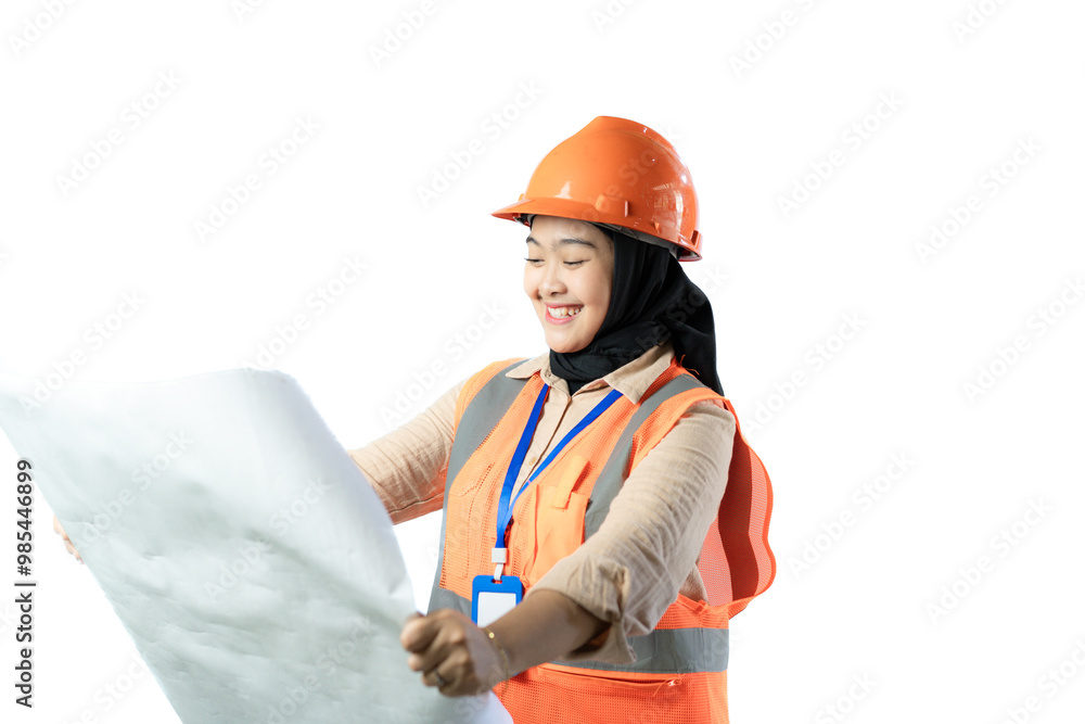 Young Asian female construction worker in hijab who looks confused when looking at the contents of a scroll of blueprints, industrial and construction concepts, isolated white background. Young Asian female construction worker in hijab who looks confused when looking at the contents of a scroll of blueprints, industrial and construction concepts, isolated white background.