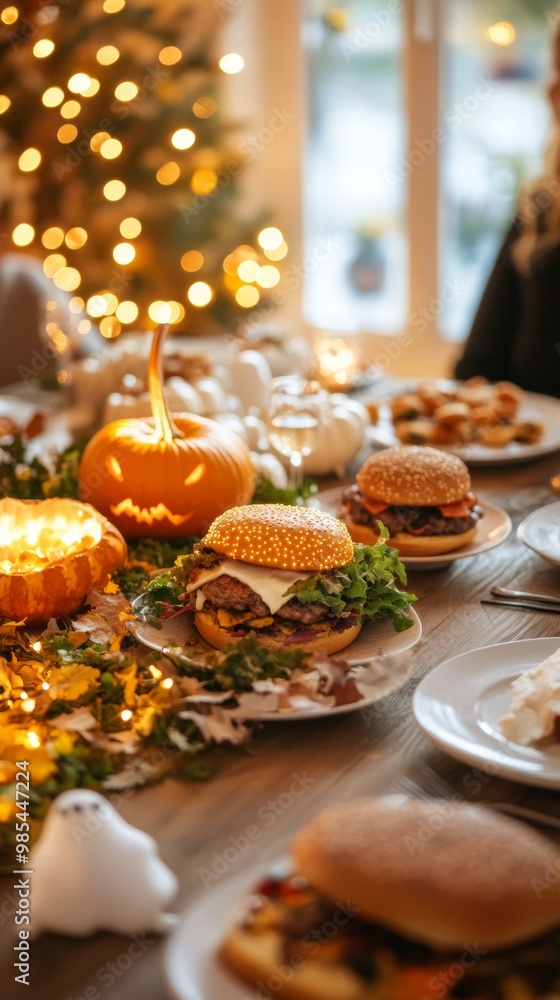 Family enjoying a Halloween-themed dinner with monster burgers glowing pumpkin soup Family enjoying a Halloween-themed dinner with monster burgers glowing pumpkin soup