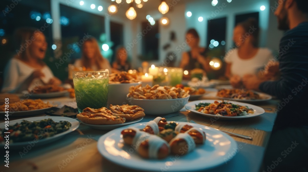 Family gathered around a Halloween dinner table filled with eerie dishes like bat-shaped pizzas ghost cupcakes Family gathered around a Halloween dinner table filled with eerie dishes like bat-shaped pizzas ghost cupcakes