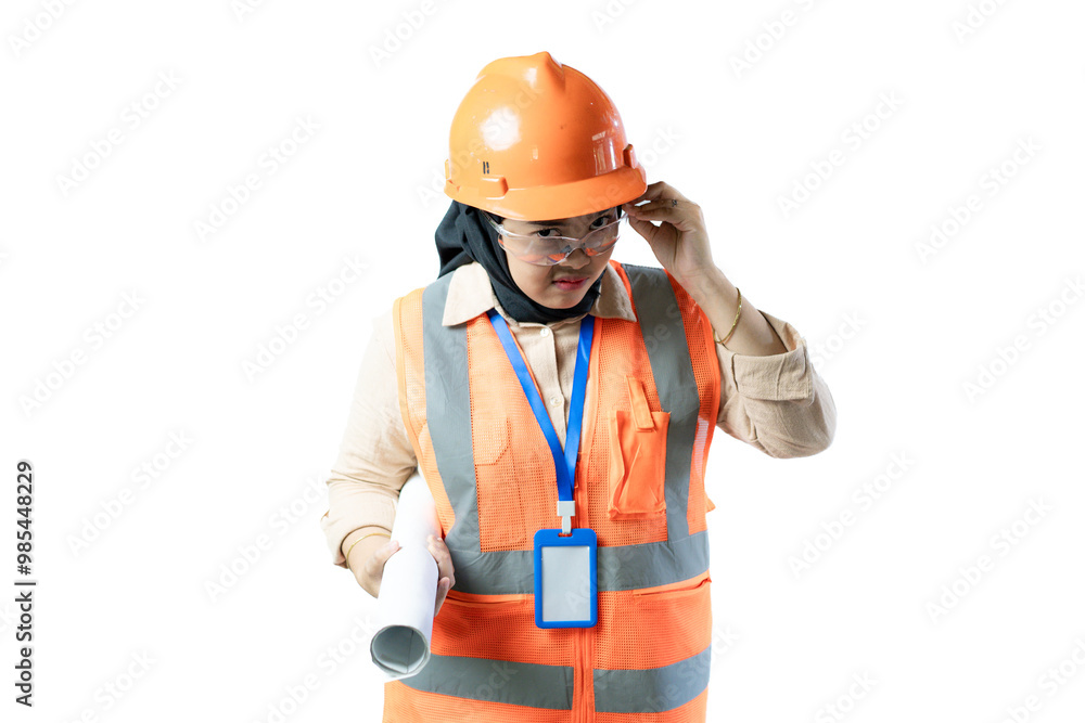 Young Asian female construction worker in hijab stands looking at the camera confidently while carrying a roll of blueprints, industrial and construction concepts, isolated on a white background. Young Asian female construction worker in hijab stands looking at the camera confidently while carrying a roll of blueprints, industrial and construction concepts, isolated on a white background.