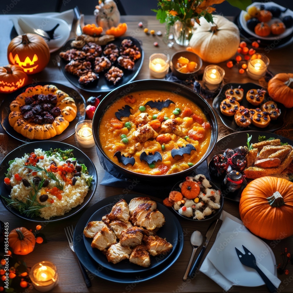 Family gathered around a spooky dinner table with eerie pumpkin soup bat-shaped appetizers Family gathered around a spooky dinner table with eerie pumpkin soup bat-shaped appetizers