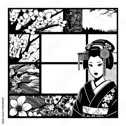 comic elegant geisha black and white design