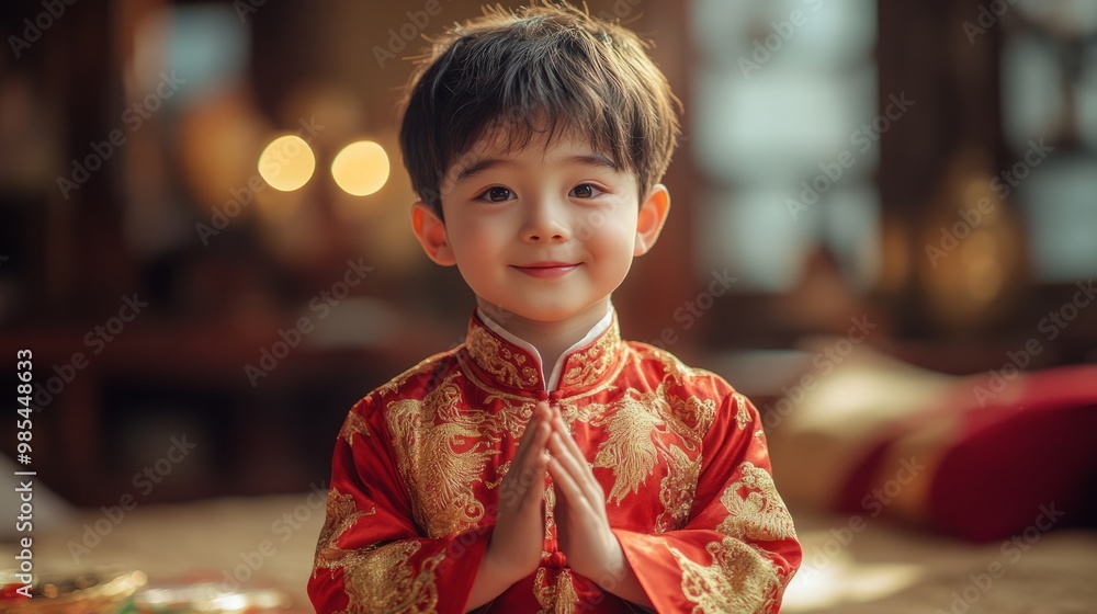 A very handsome and cute boy wearing a cheongsam is happy to receive red envelopes on Chinese New Year.