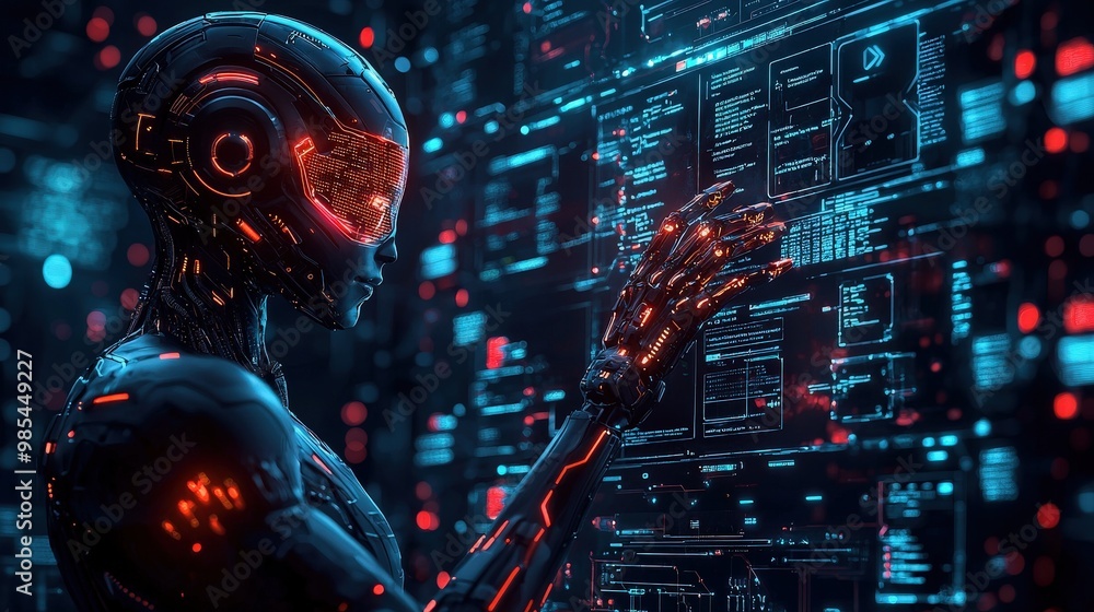 Futuristic Cyborg Robot Interacting with Digital Interface Futuristic Cyborg Robot Interacting with Digital Interface