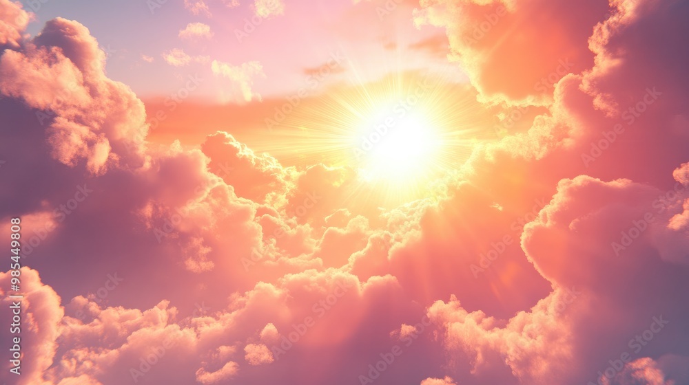 Fototapeta premium Beautiful sun shining through clouds, with dynamic, realistic lighting creating a breathtaking sky filled with vibrant colors and textures
