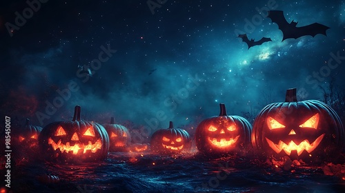 Pumpkin Patch: Rows of glowing jack-o'-lanterns at the bottom, with a starry night sky and flying bats above. 