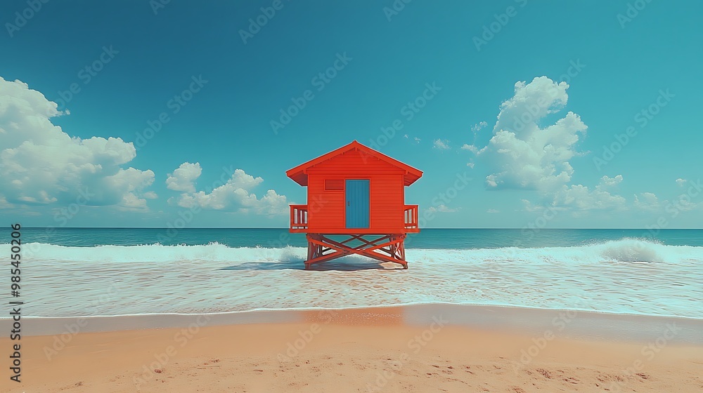 A vibrant red beach hut stands on stilts in the shallows of a pristine sandy beach, with gentle waves lapping at the shore and a clear blue sky above. A vibrant red beach hut stands on stilts in the shallows of a pristine sandy beach, with gentle waves lapping at the shore and a clear blue sky above.