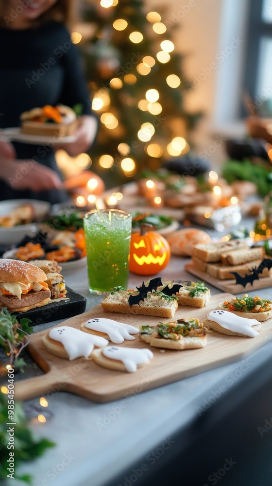 Family preparing spooky Halloween snacks together making ghost-shaped sandwiches Family preparing spooky Halloween snacks together making ghost-shaped sandwiches
