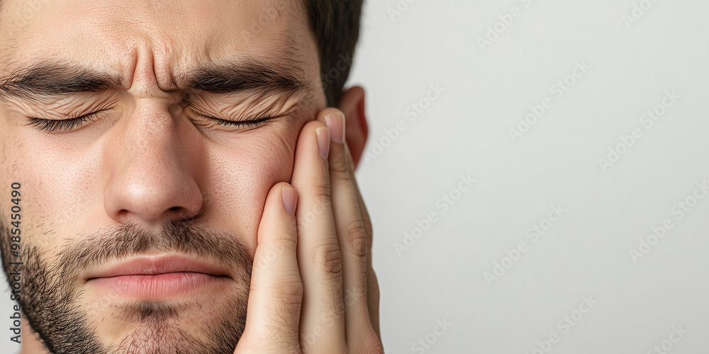 Obraz premium A man closes his eyes and holds his jaw in pain, showing discomfort from toothache or jaw-related pain. His tense expression emphasizes the severity of the discomfort.