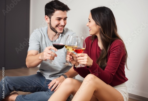 Couple Drinking Wine A young couple clinking wine glasses smilin photo