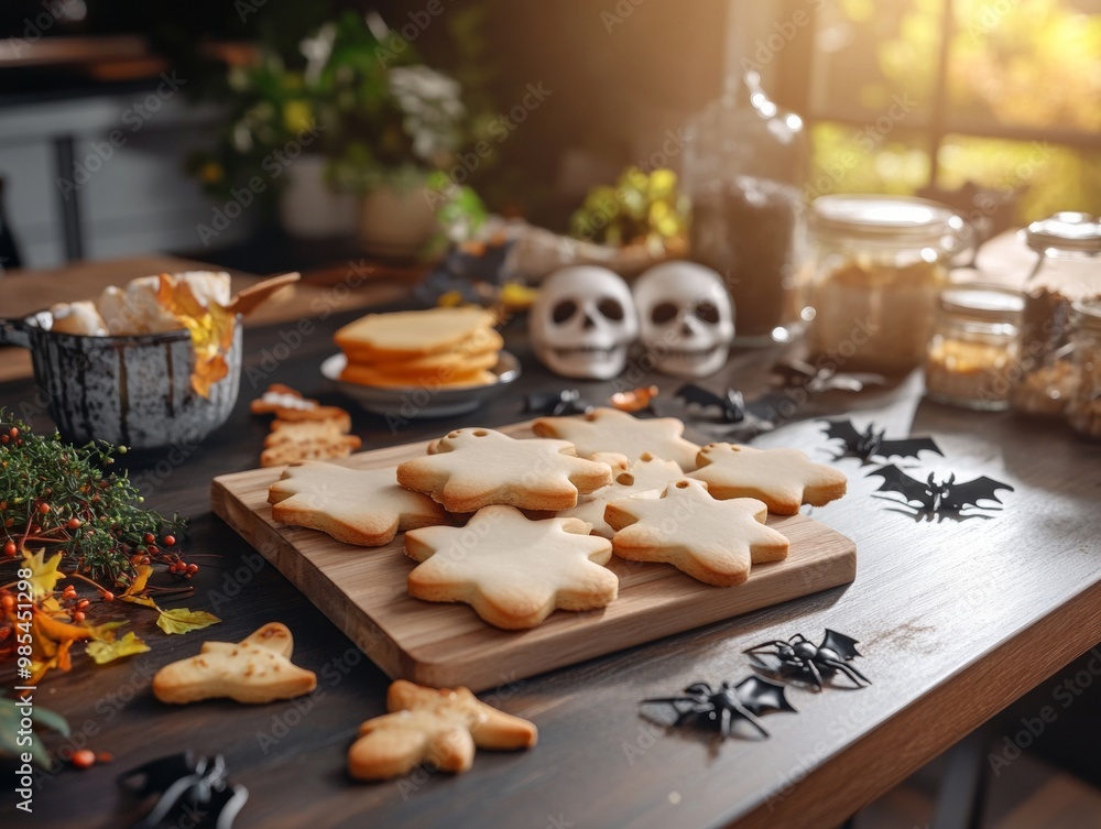 Naklejka premium Ghost-shaped cookies arranged on a haunted table with skulls bats