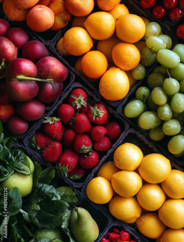 A colorful display of fruits and vegetables, including apples, oranges, strawberries, and grapes. Concept of abundance and freshness, inviting viewers to enjoy the healthy and delicious produce