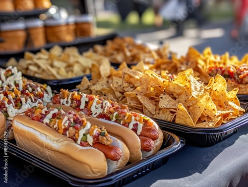 Gory finger-shaped hot dogs and spooky Halloween-themed nachos served at a haunted food stall during a festival