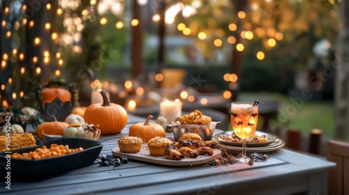 Halloween BBQ with pumpkin-shaped corn muffins bat-wing chicken wings