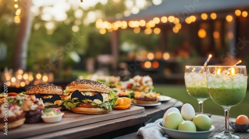 Halloween BBQ with spooky bat-shaped burgers eerie green deviled eggs photo