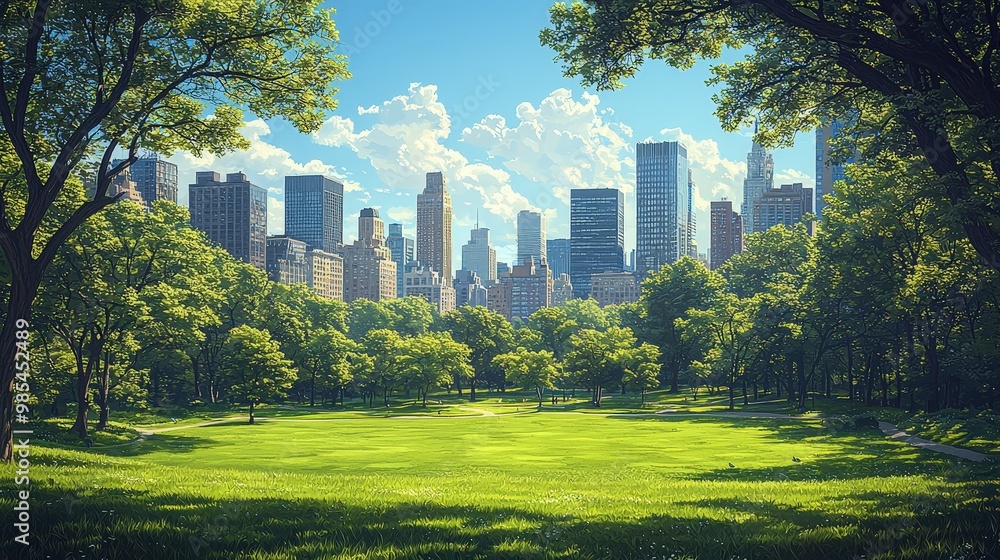 Green City Park with Skyscrapers in Background Green City Park with Skyscrapers in Background