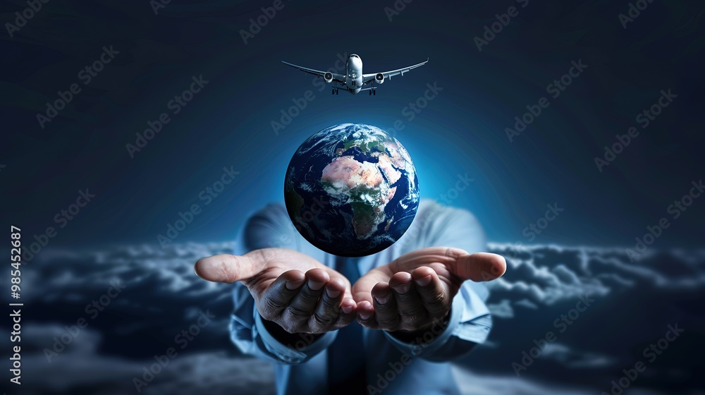 Fototapeta premium An airplane soaring above a globe held by two hands,symbolizing the expansive global reach of an airline merger.global, aviation industry, business,International business expansion.