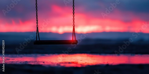 An empty swing moving in the breeze at dusk, loneliness, reminder of past joys