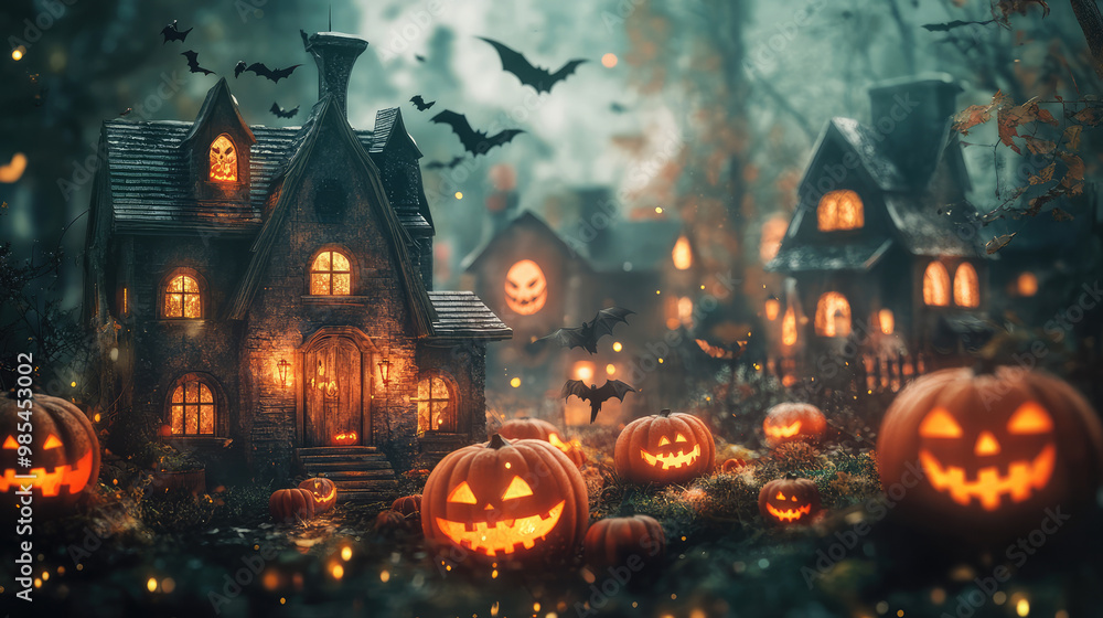 A Halloween scene with a house and a bunch of pumpkins A Halloween scene with a house and a bunch of pumpkins