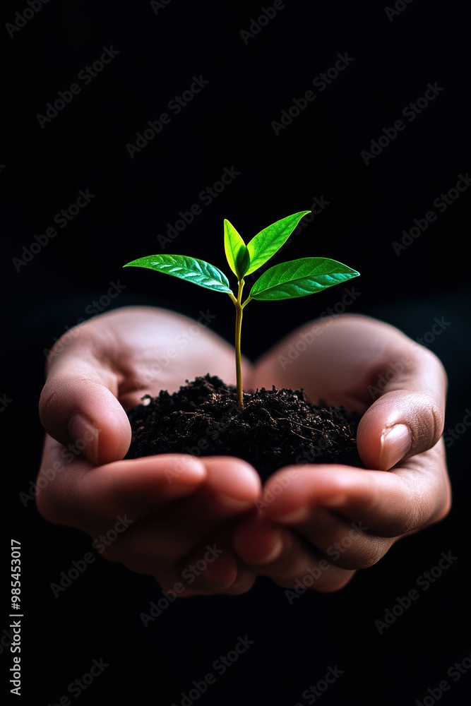 A person is holding a small plant in their hand. The plant is green and he is a seedling. Concept of nurturing and care, as the person is holding the plant with care and attention A person is holding a small plant in their hand. The plant is green and he is a seedling. Concept of nurturing and care, as the person is holding the plant with care and attention