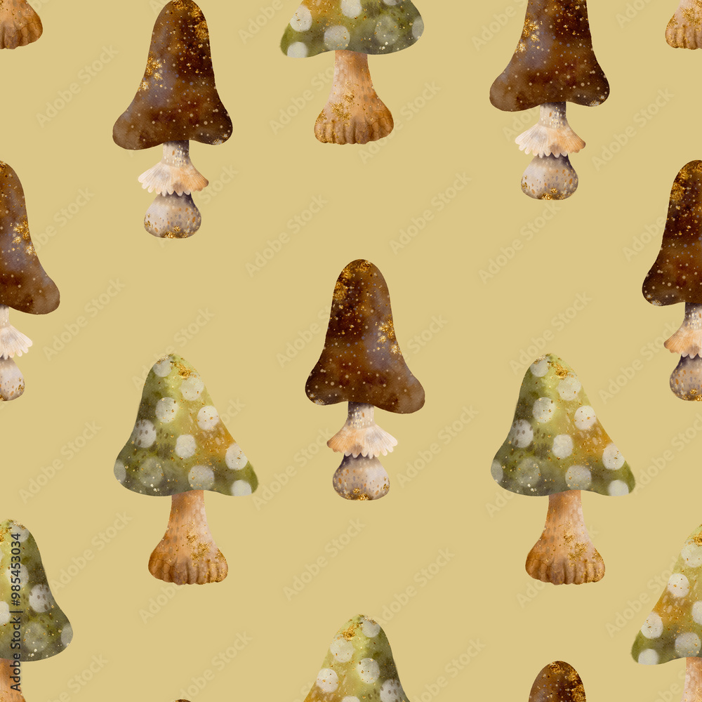 A whimsical mushroom pattern on a light yellow background that captivates the eye A whimsical mushroom pattern on a light yellow background that captivates the eye