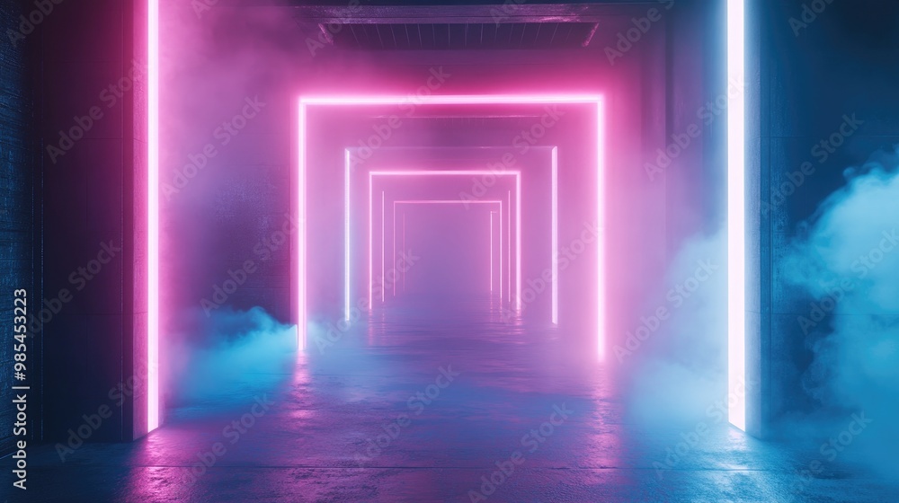 Futuristic neon hallway with smoke and glowing light. Futuristic neon hallway with smoke and glowing light.