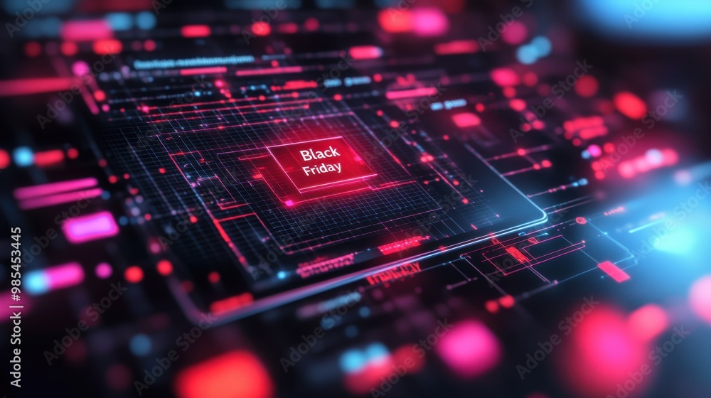 Digital representation of Black Friday with a futuristic circuit design. Digital representation of Black Friday with a futuristic circuit design.
