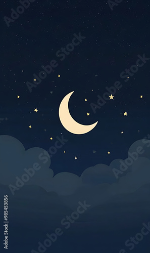 Flat design of a simple moon and stars against a deep navy blue sky, with clean, crisp lines and minimal detail, perfect for a calming night-time mobile wallpaper.